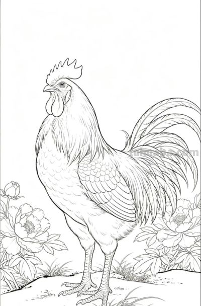雄鸡唱晓 牡丹盛放 花开富贵吉祥丨战绩可查雄鸡线稿图分享 - 图画吧TUHUABA