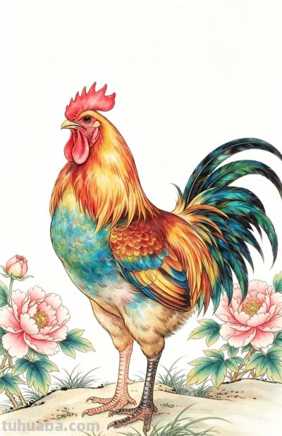雄鸡唱晓 牡丹盛放 花开富贵吉祥丨战绩可查雄鸡线稿图分享 - 图画吧TUHUABA